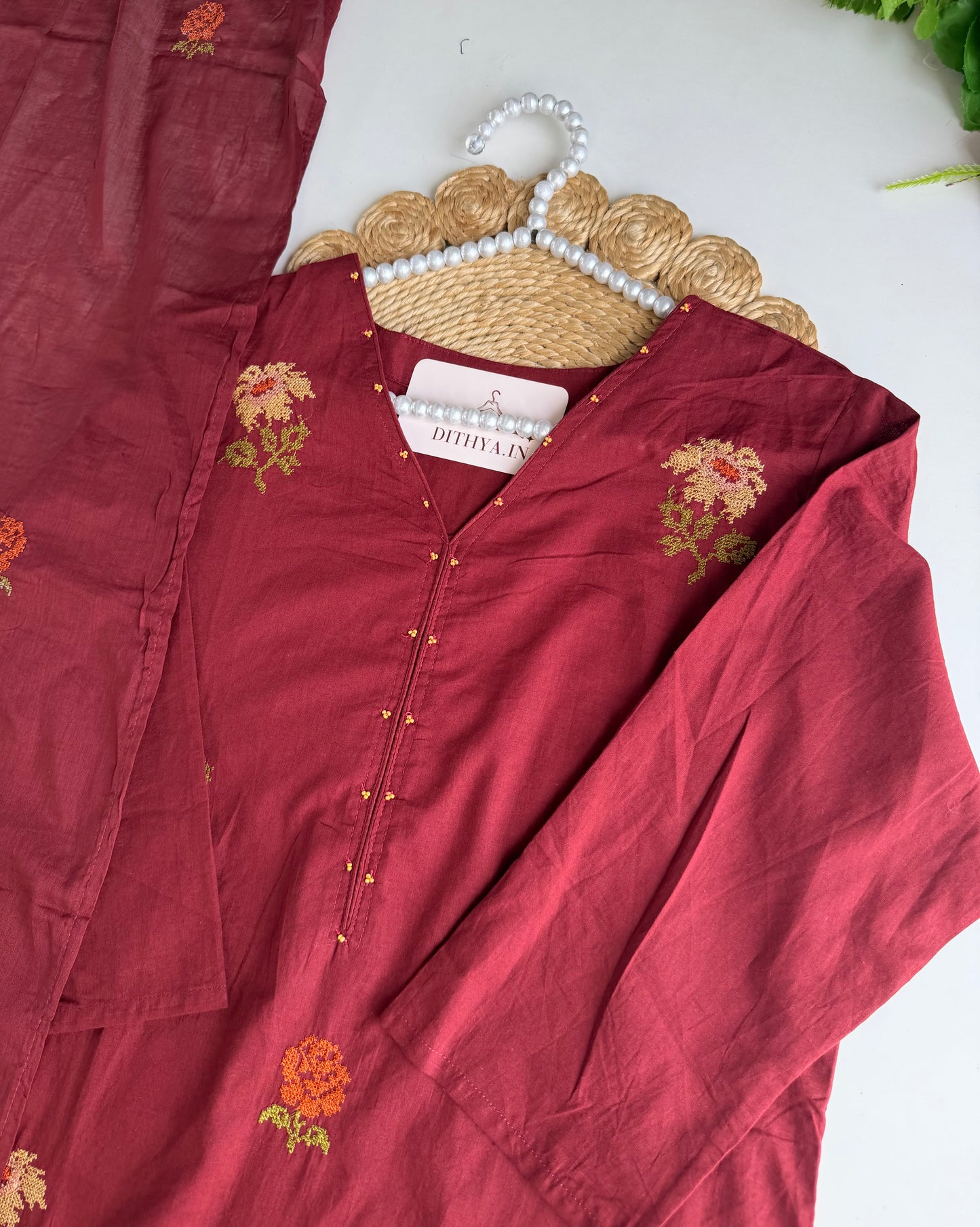 K210 - Mul cotton embroidered straight Kurti with pants and dupatta