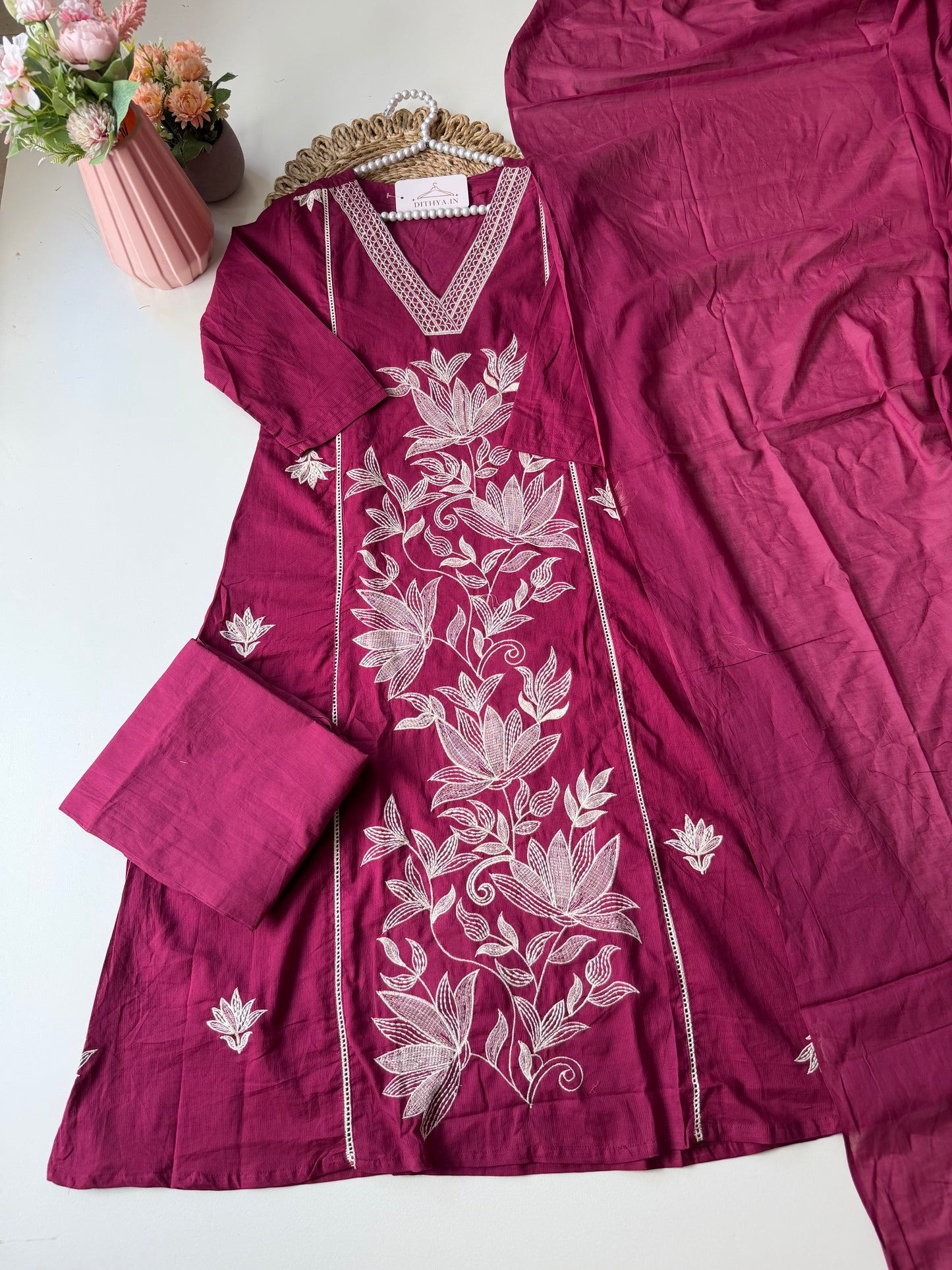K593 - Cotton embroidered Aline Kurti with pants and dupatta