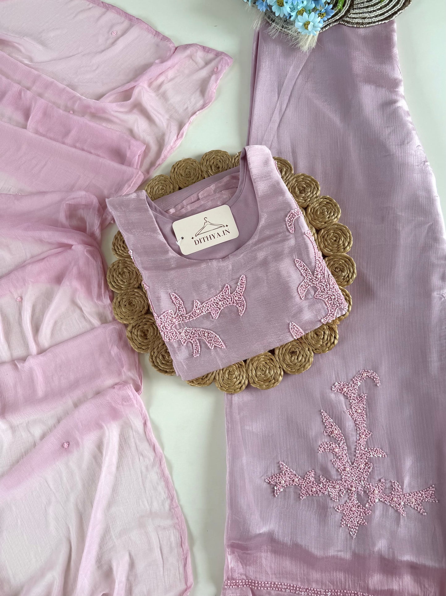 K550 - Chinnon handwork straight Kurti with palazzo and dupatta