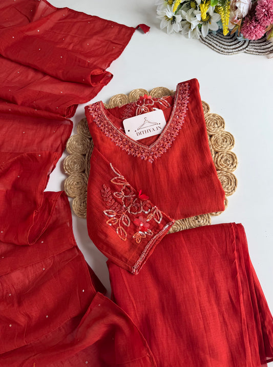 K173 - Mul chanderi handwork short Kurti with palazzo and dupatta