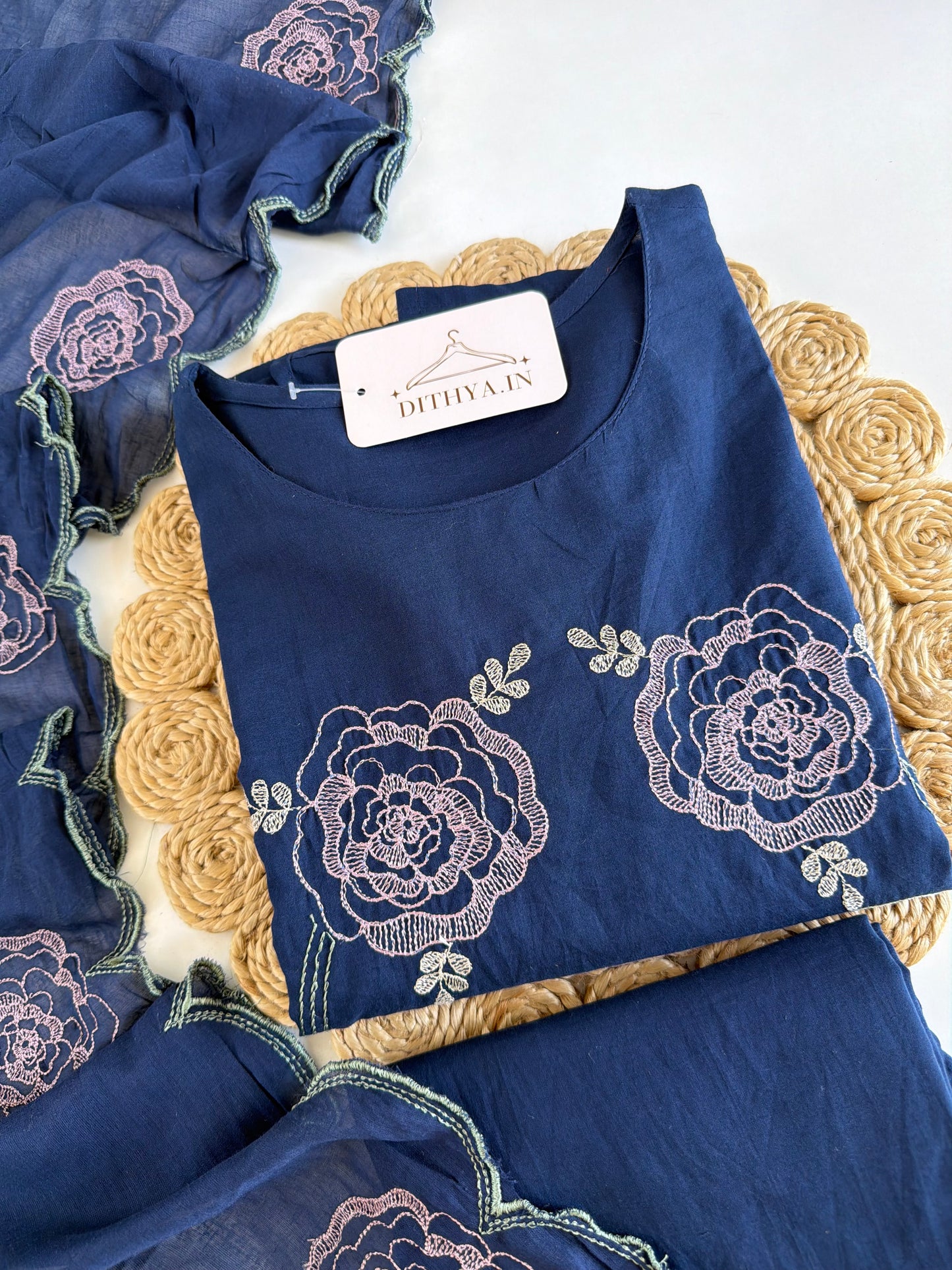 K681 - Mul cotton embroidered Aline Kurti with pants and dupatta