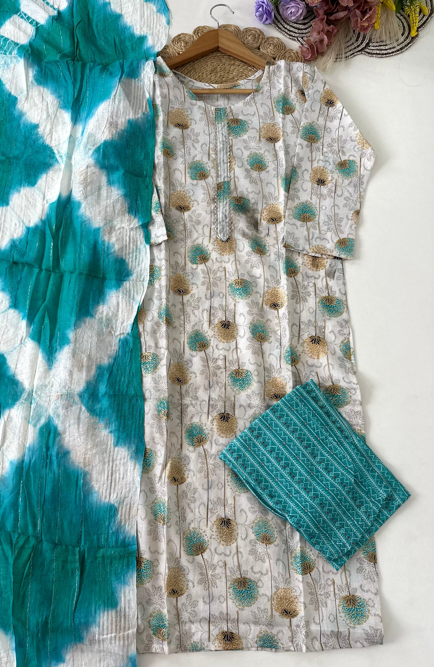 D418-Slub cotton straight Kurti with pants and dupatta