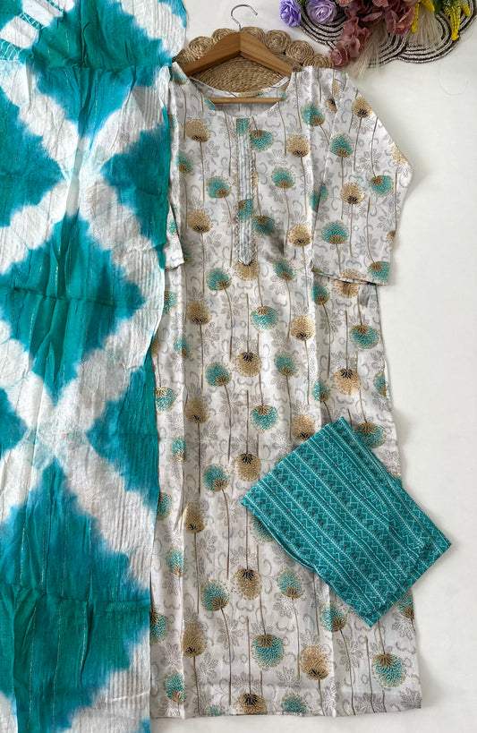 D418-Slub cotton straight Kurti with pants and dupatta