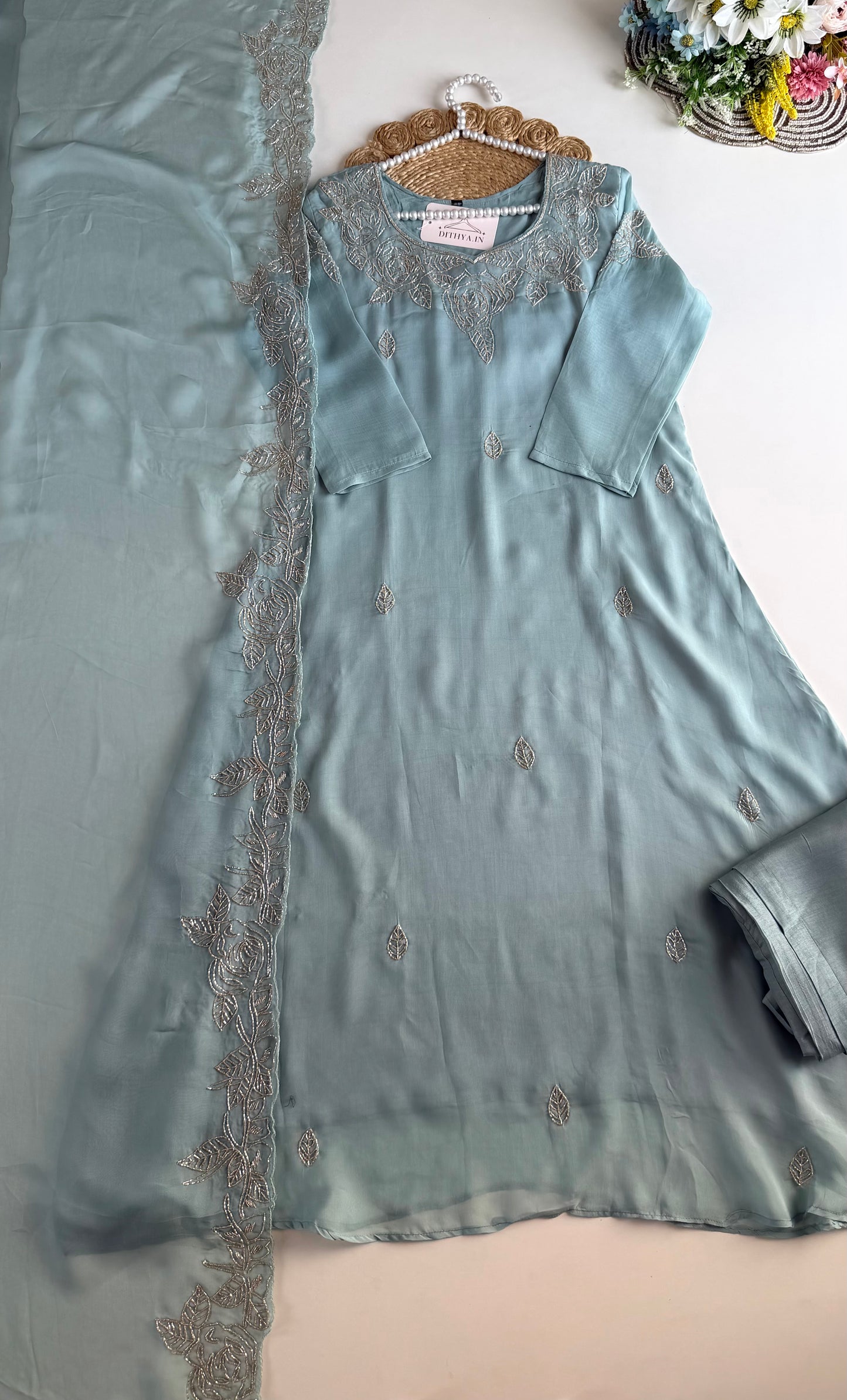 K425 - Soft viscose organza cutdhana work Aline Kurti with pants and dupatta