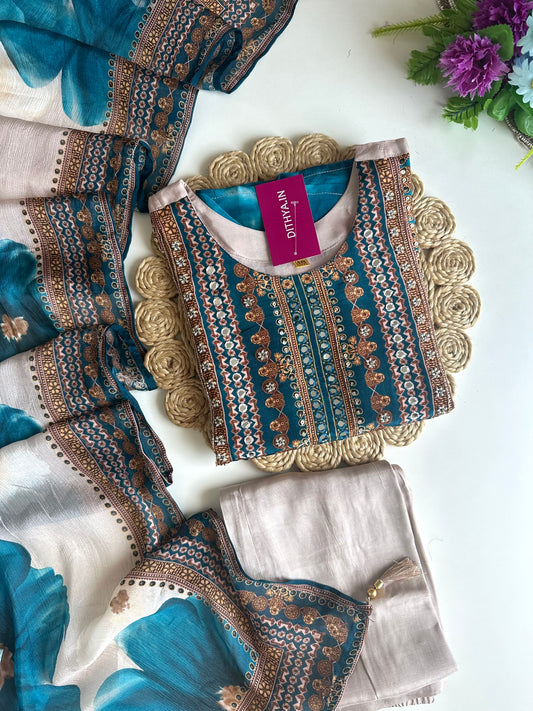 K037 - Pure crape floral handwork straight Kurti with pants and dupatta