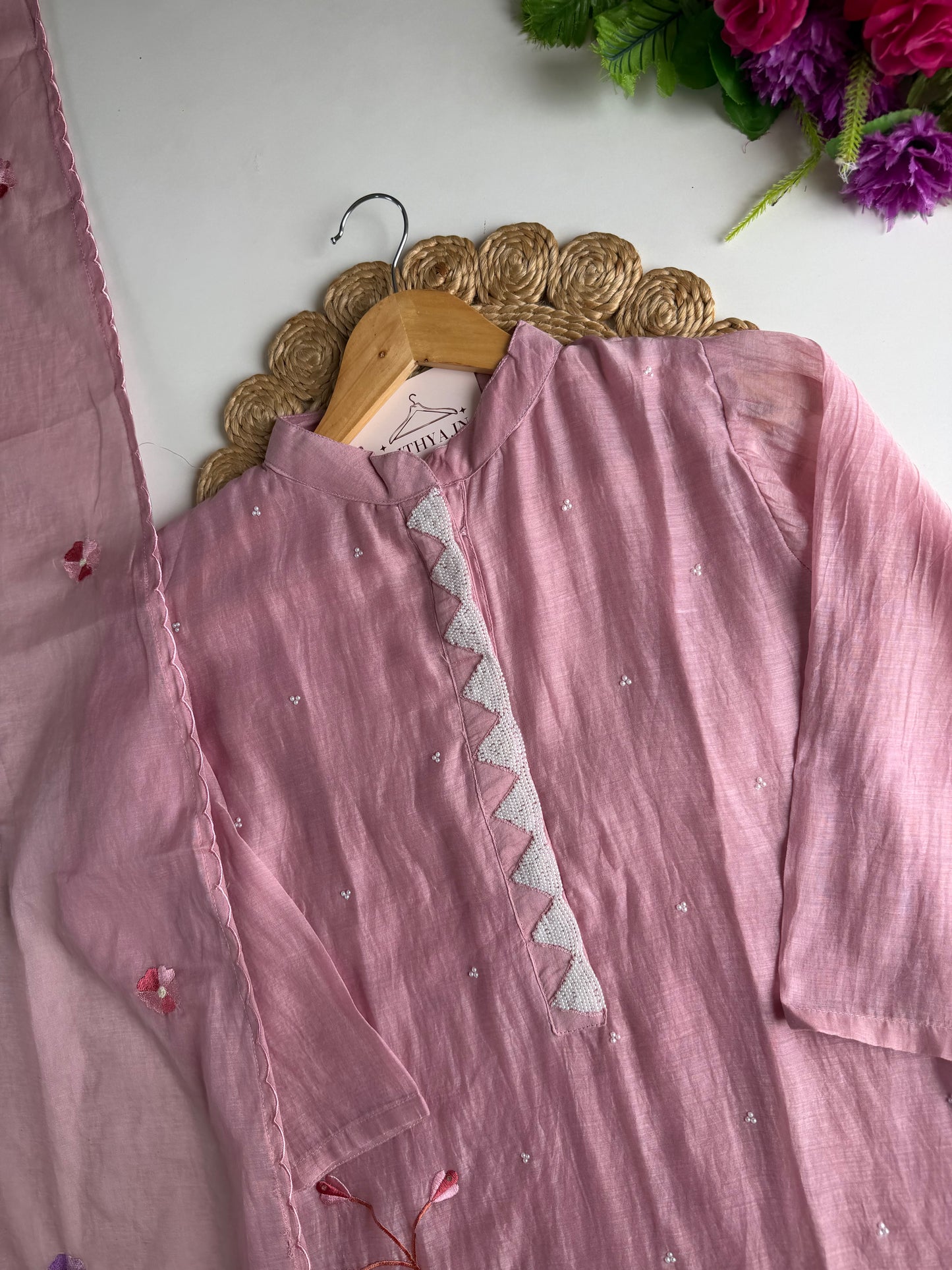 K004 - Mul chanderi handwork aline Kurti with pants and dupatta