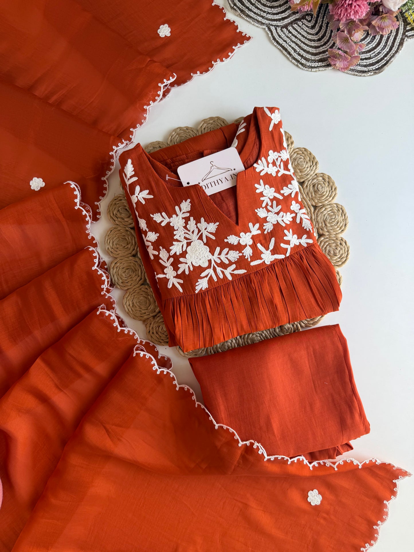 K685 - Mul chanderi embroidered Anarkali with pants and dupatta