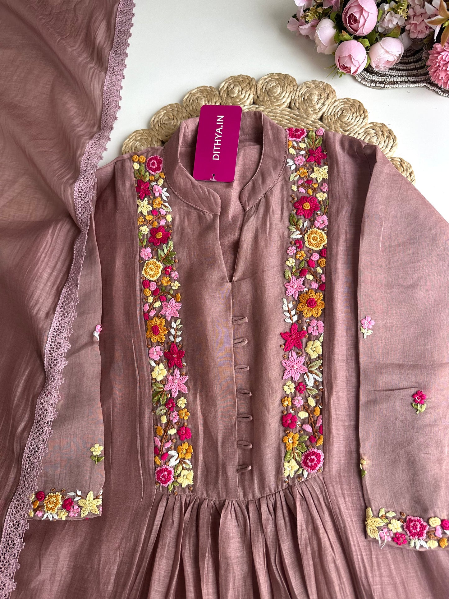 K350 - Mul Chanderi embroidered Aline Kurti with pants and dupatta