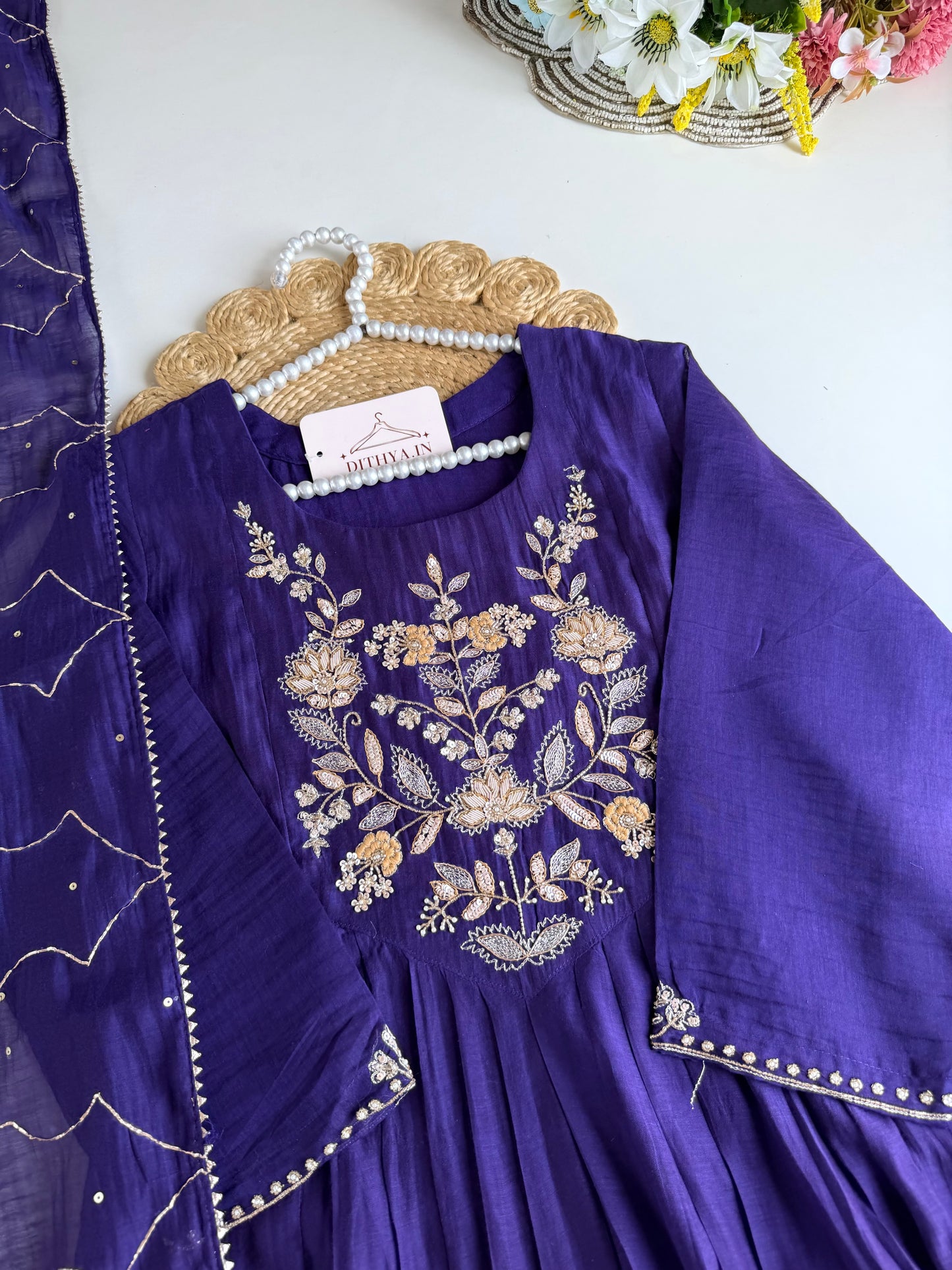 K082 - Mul chanderi handwork Anarkali with pants and dupatta