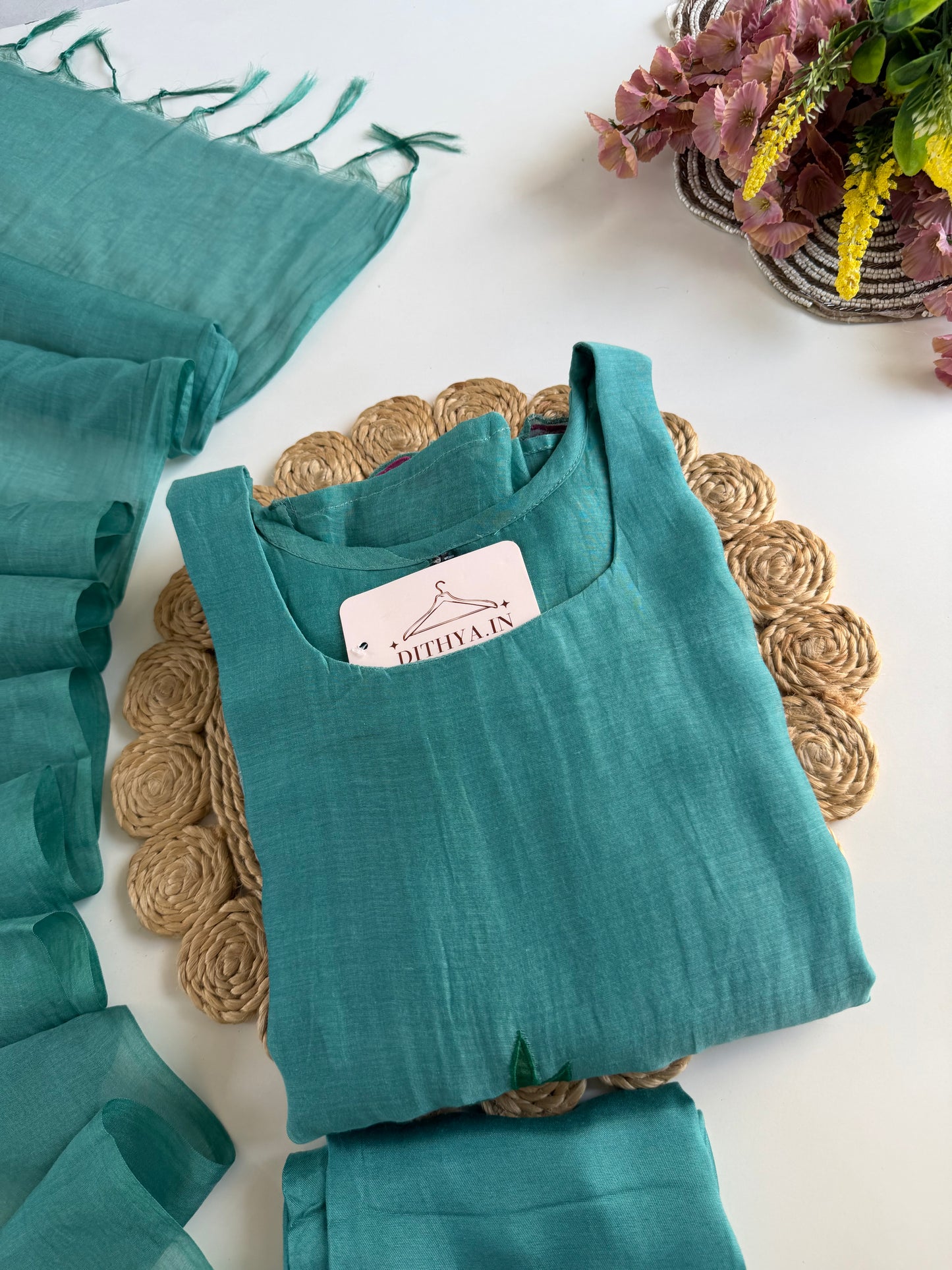 K251 - Mul chanderi appliqué work aline Kurti with pants and dupatta