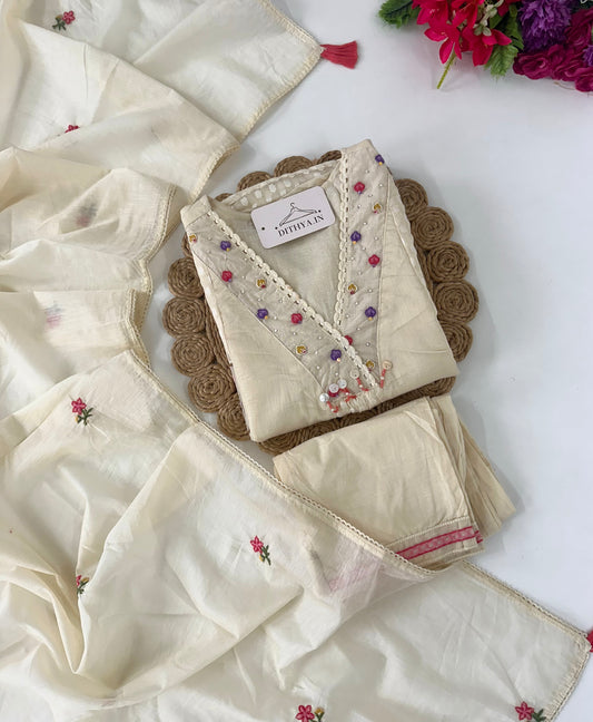 K380 - Mul chanderi embroidered Anarkali with pants and dupatta