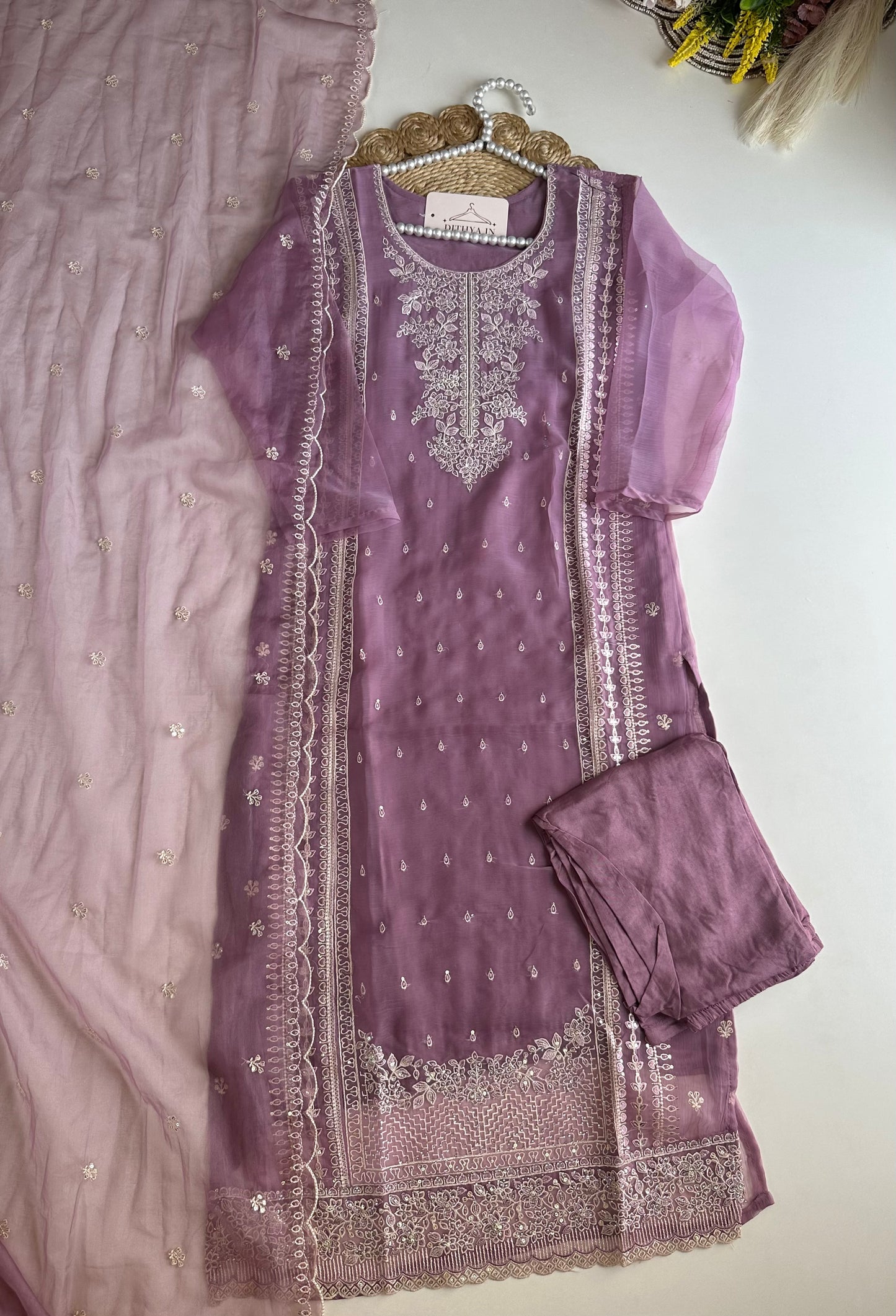 K492 - Organza embroidered straight Kurti with pants and dupatta