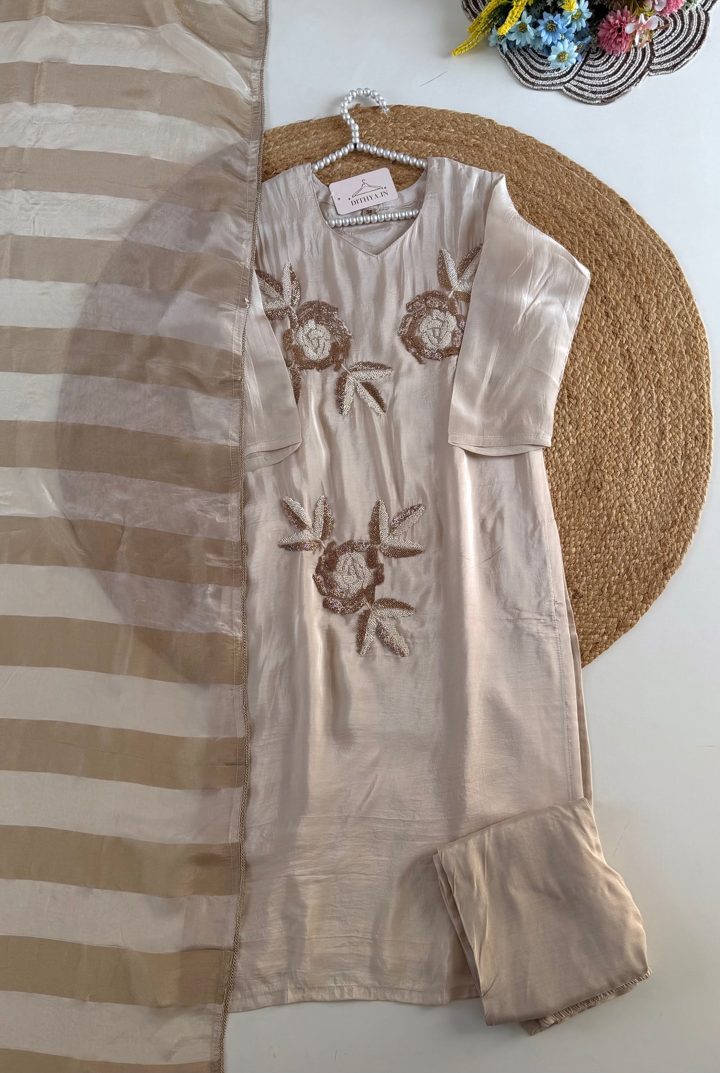 K108 - Pure crape handwork straight Kurti with pants and dupatta