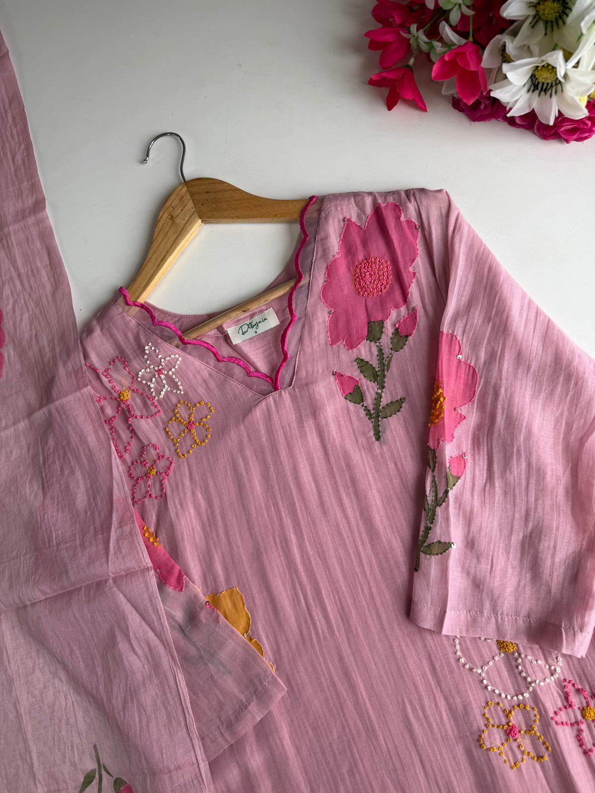 K262 - Mul chanderi hand painted embroidered Aline Kurti with pants and dupatta