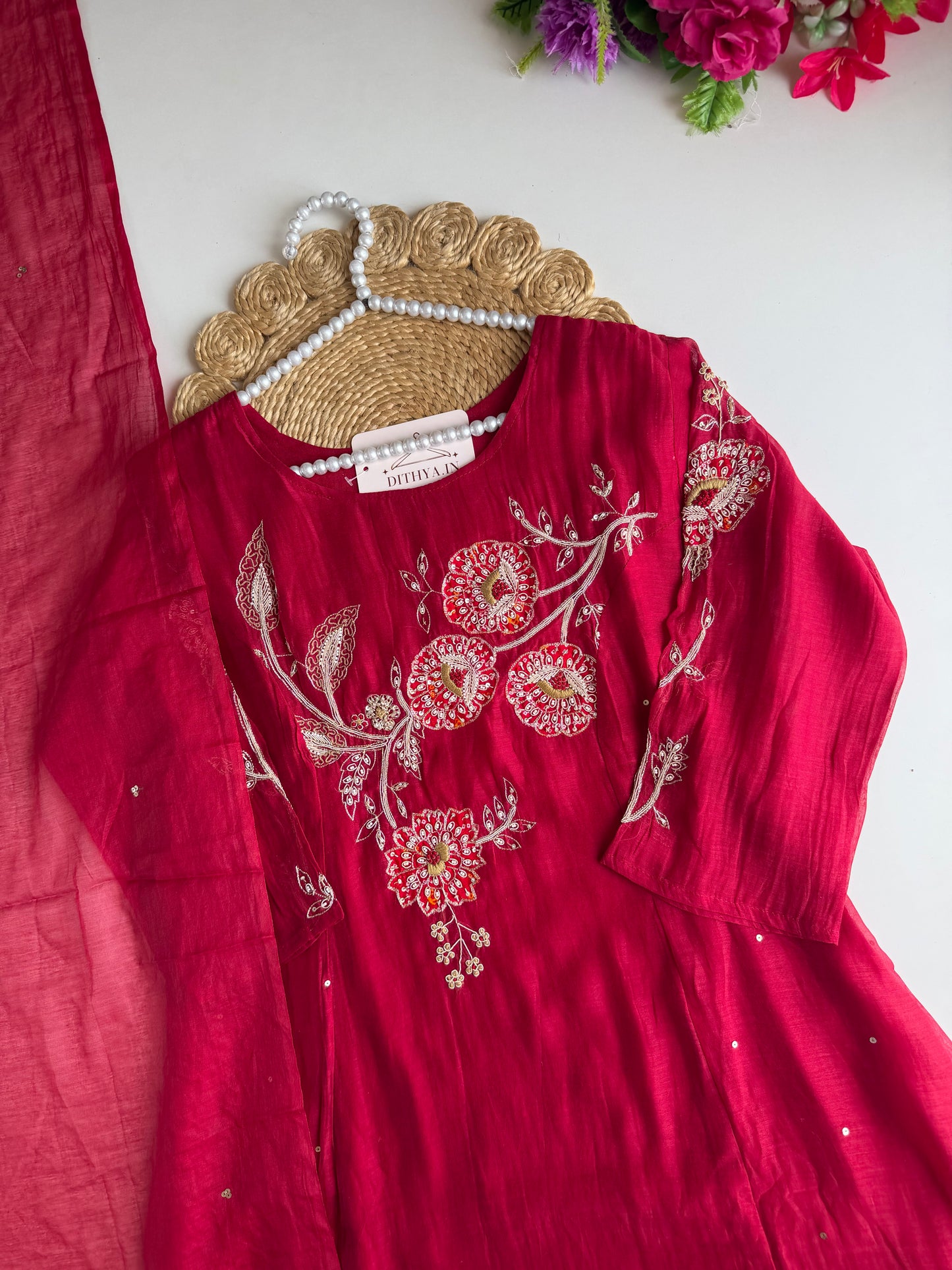 K465 - Mul chanderi handwork Aline Kurti with pants and dupatta