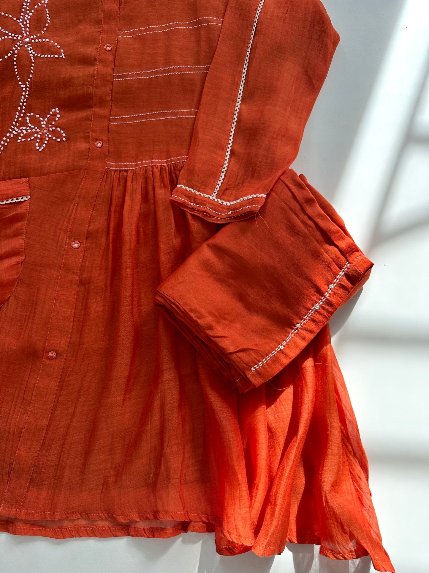 K373 - Mul Chanderi embroidered coord set in 2 colours
