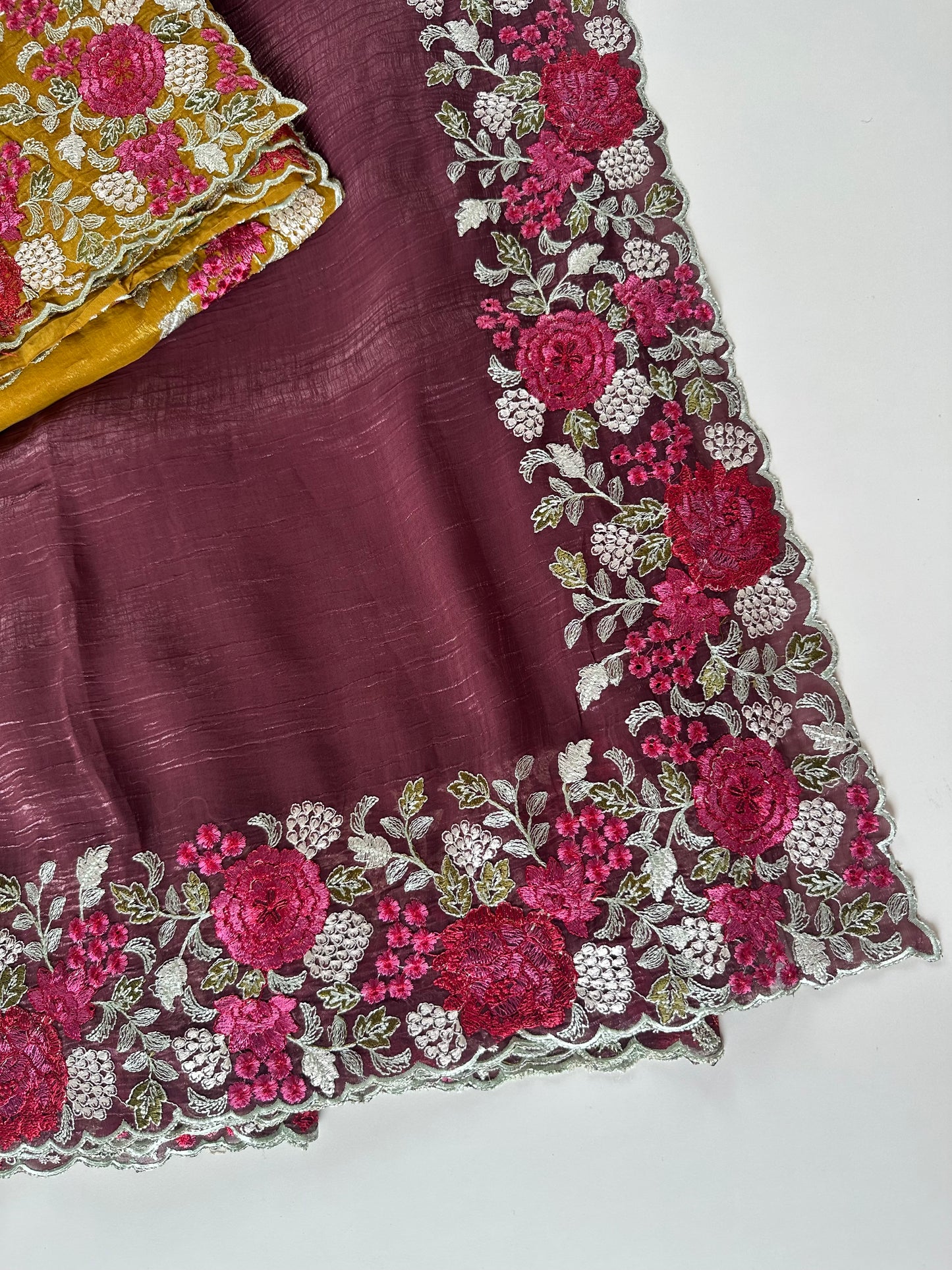 S008 - Shimmer Crepe silk Hand embroidery saree in 2 colours