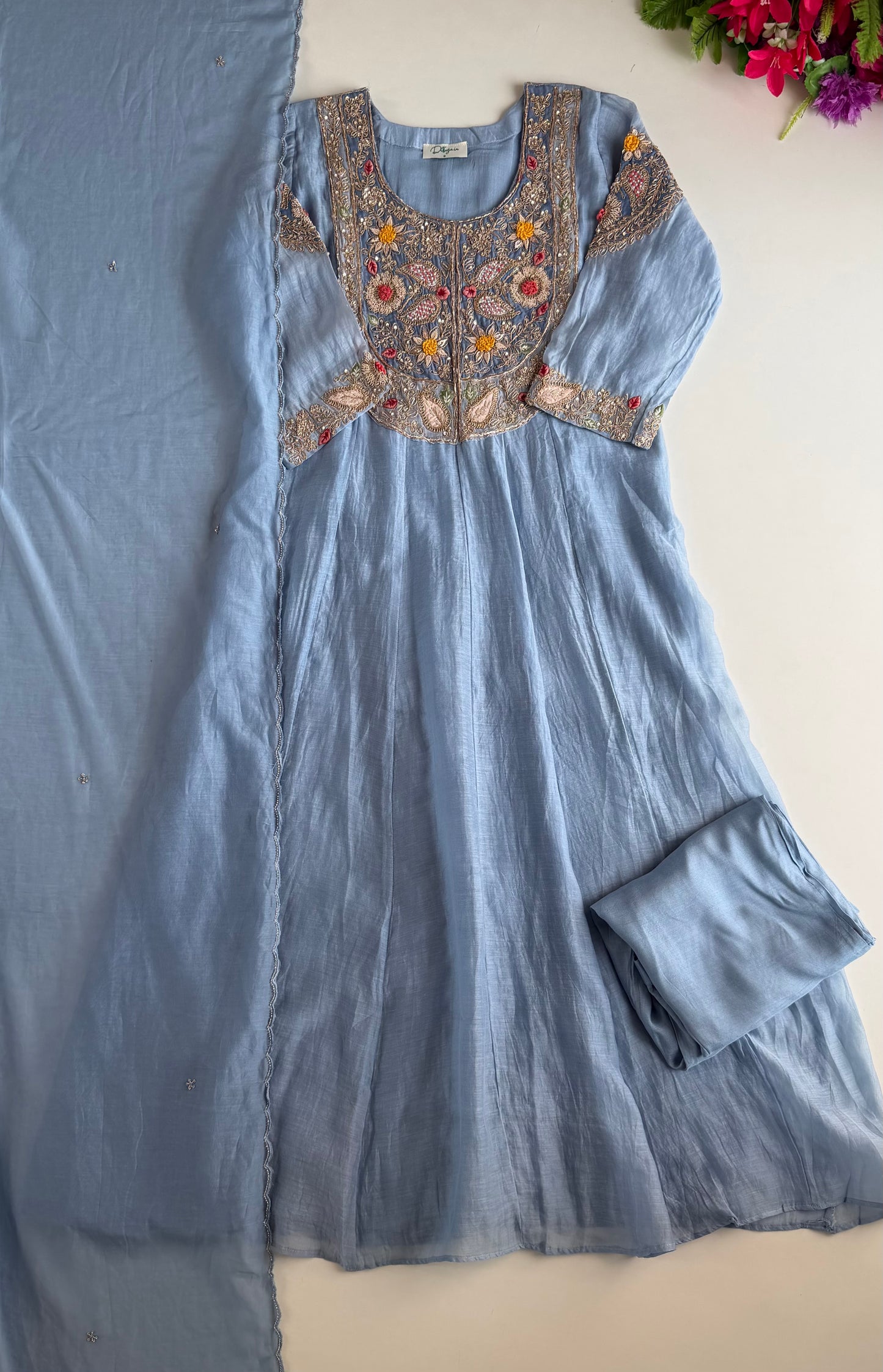 K424 - Mul chanderi heavy handwork Anarkali with pants and dupatta in 2 colours
