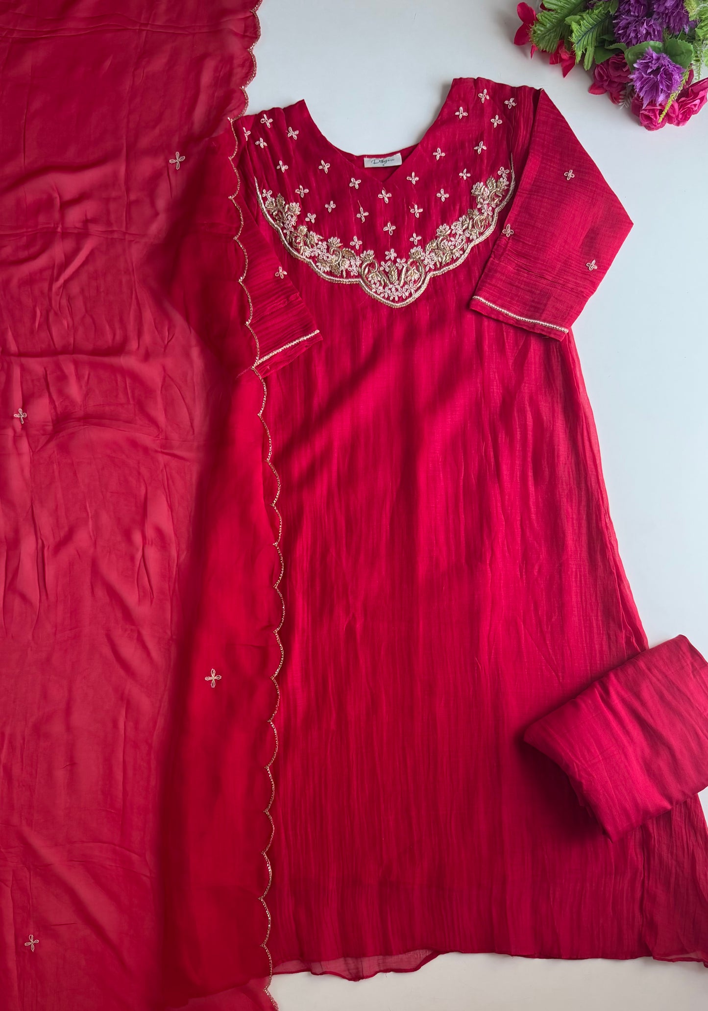 K328 - Mul chanderi handwork aline Kurti with pants and dupatta in 2 colours
