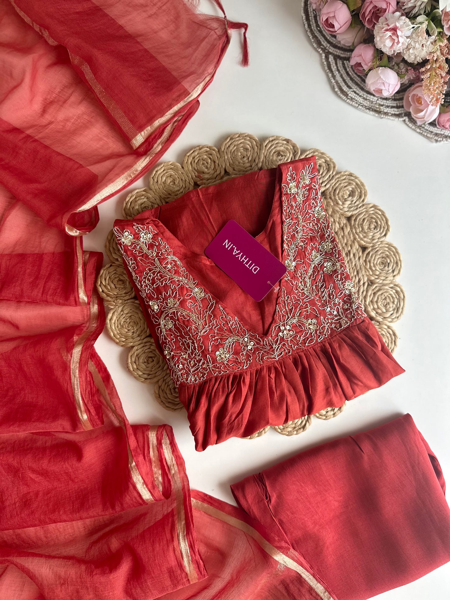 K235 - Mul Chanderi zari work Aline Kurti with pants and dupatta