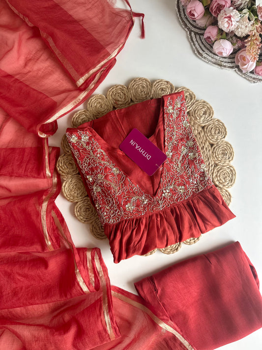 K235 - Mul Chanderi zari work Aline Kurti with pants and dupatta