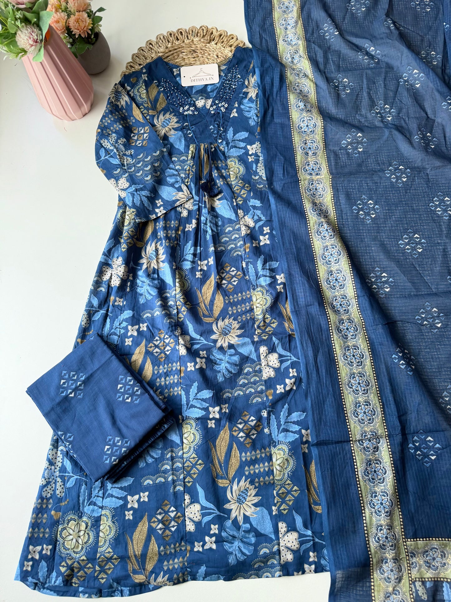 K591 - Cotton floral Aline Kurti with pants and dupatta