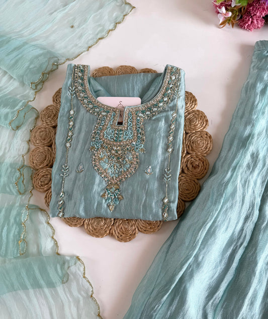 K332 - Glass tissue silk handwork short Kurti with pants and dupatta