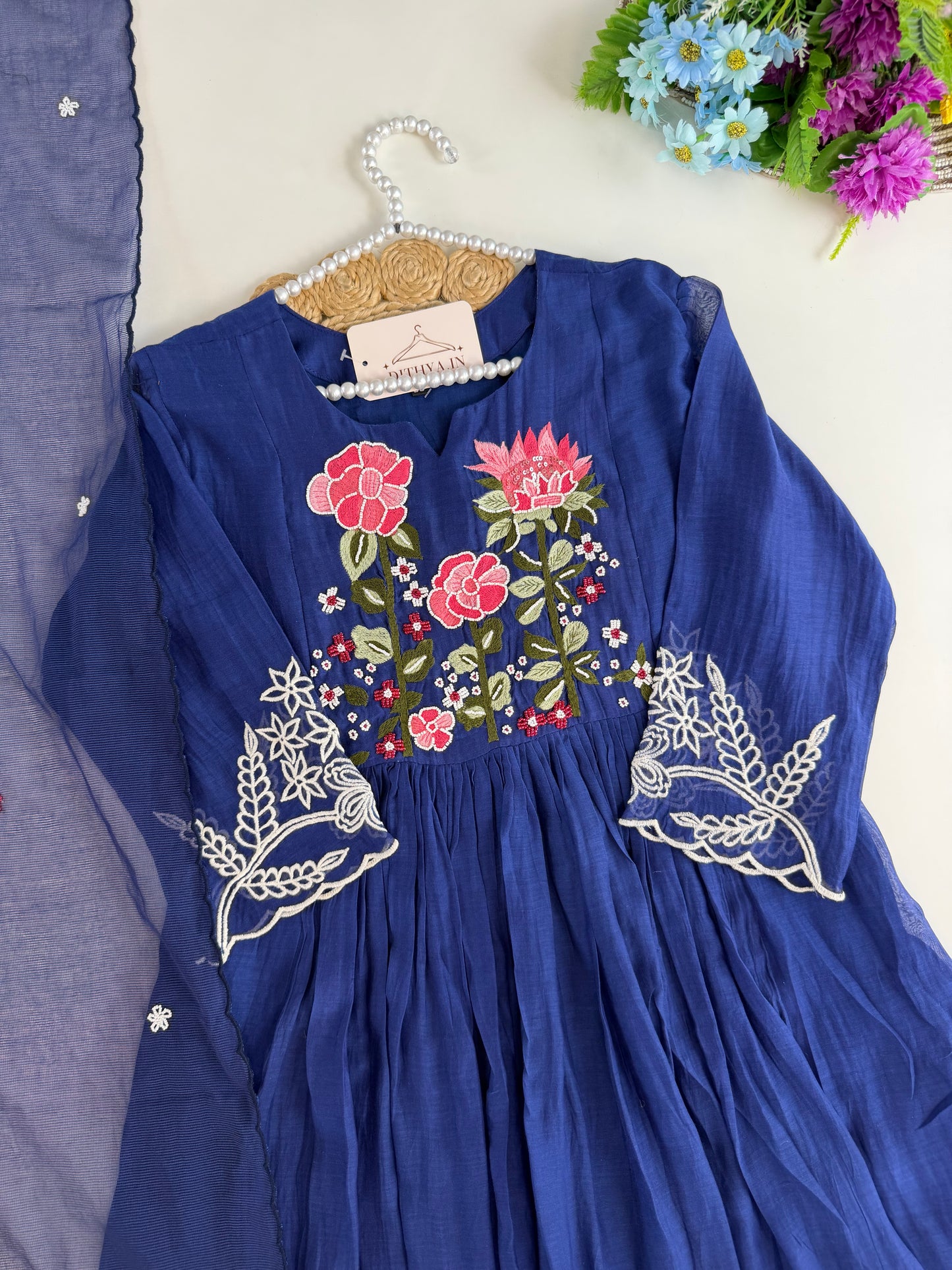 K494 - Mul chanderi handwork Anarkali with pants and dupatta