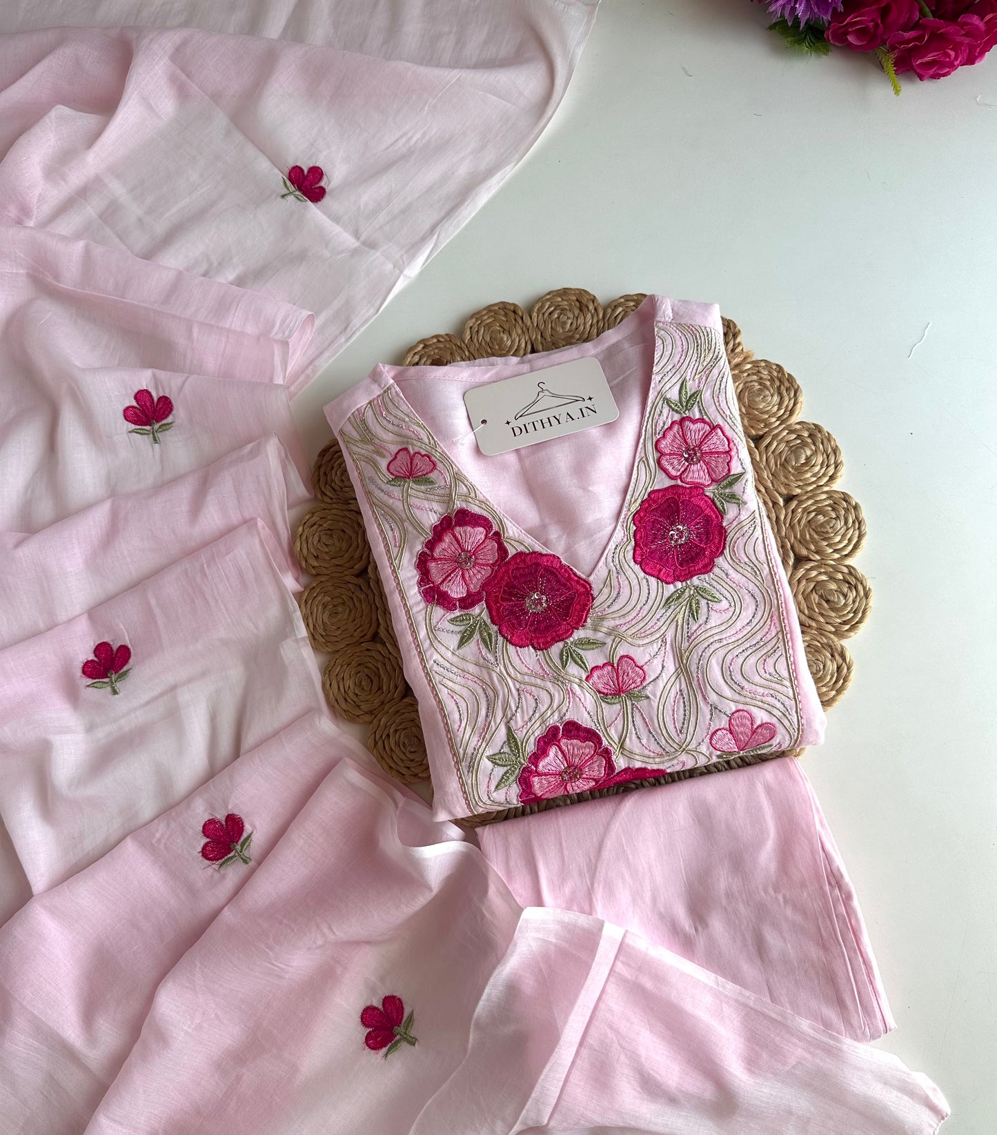 K606 - Mul cotton embroidered Anarkali with pants and dupatta