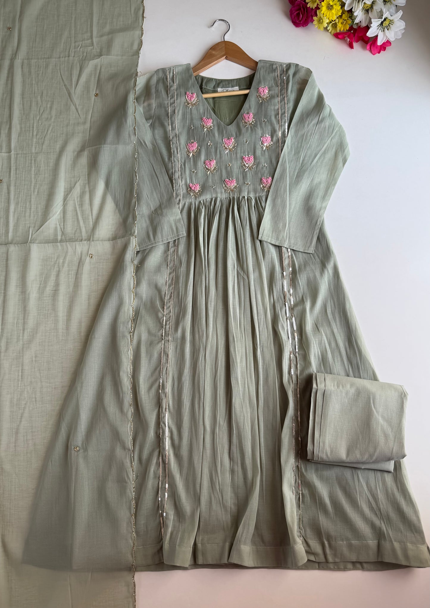 K640 - Surat Mul chanderi handwork Anarkali with pants and dupatta