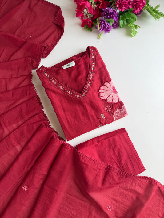 K247 - Mul cotton appliqué embroidered Aline Kurti with pants and dupatta
