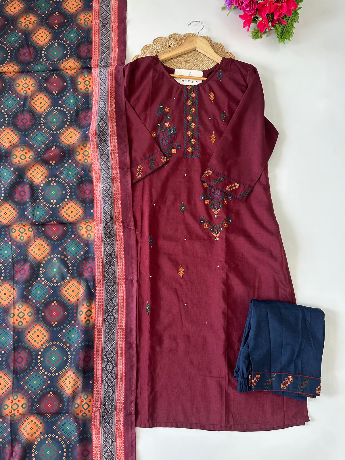 D537-Cotton straight Kurti with pants and dupatta