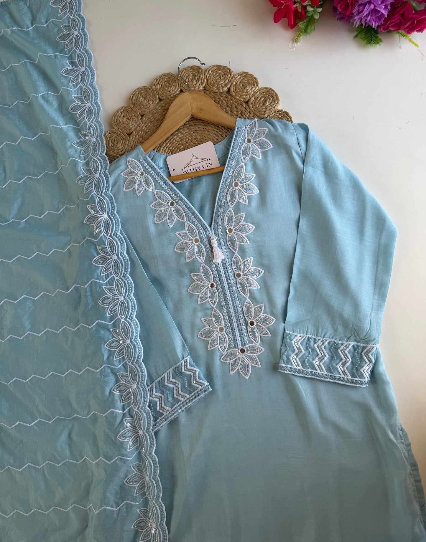 K377 - Muslin embroidered straight Kurti with pants and dupatta