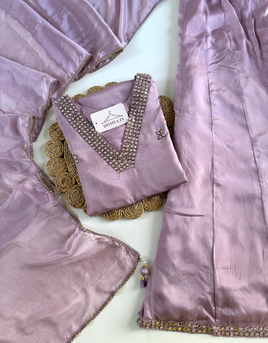 K376 - Pure Chinnon mirror handwork short Kurti with divider pants and dupatta