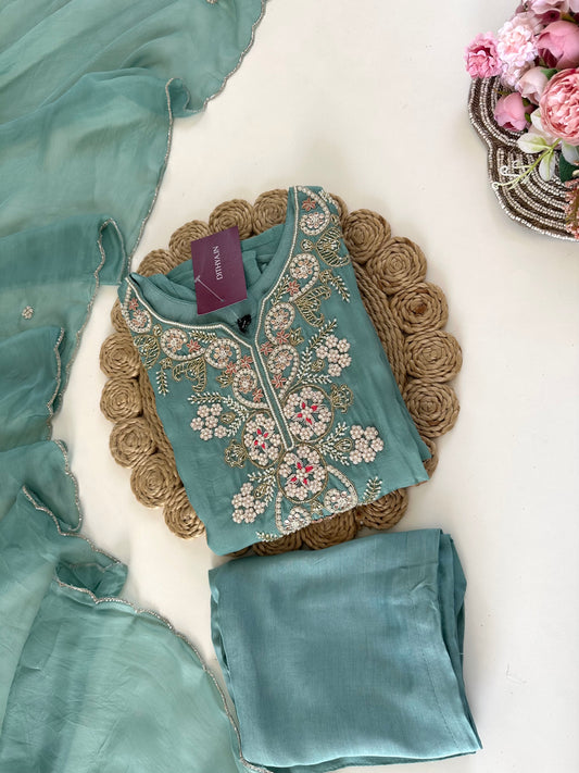 K137 - Viscose organza Handwork straight kurti with pants and dupatta.