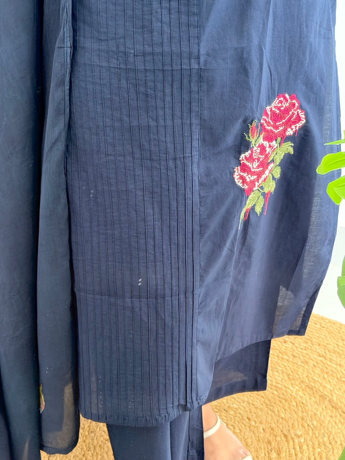 K576 - Mul cotton embroidered straight Kurti with pants and dupatta