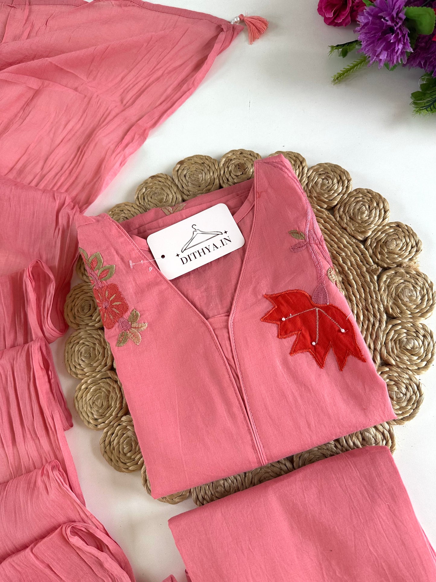 K388 - Mul cotton appliqué Aline Kurti with pants and dupatta