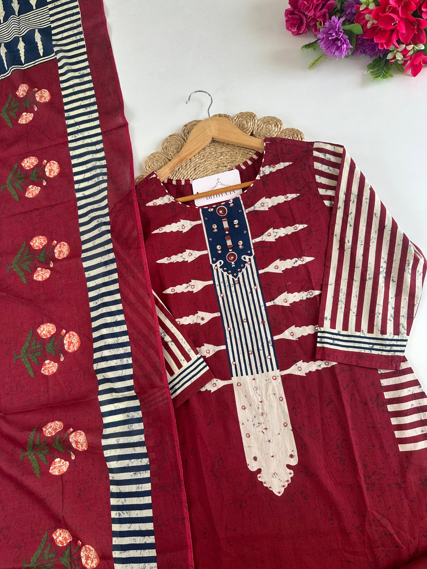 K381 - Mul cotton printed straight Kurti with pants and dupatta