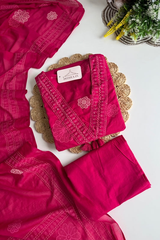 K657 - Mul cotton embroidered Aline Kurti with pants and dupatta in 2 colours