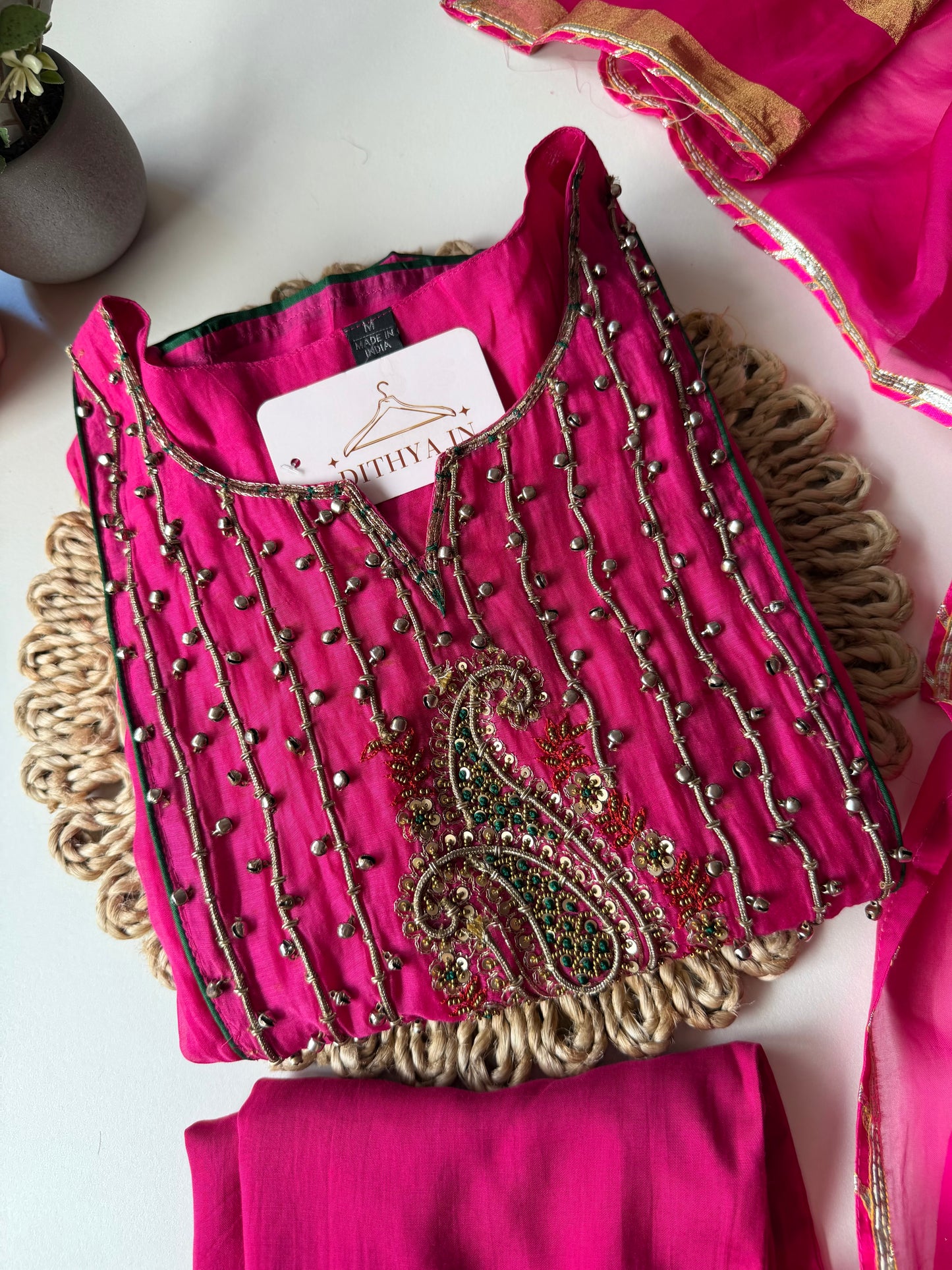 K595 - Mul chanderi ghungroo handwork Anarkali with pants and dupatta