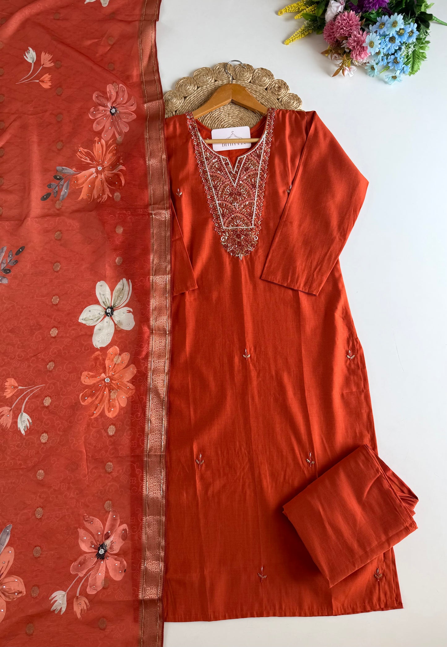 K060 - Roman silk handwork straight Kurti with pants and dupatta