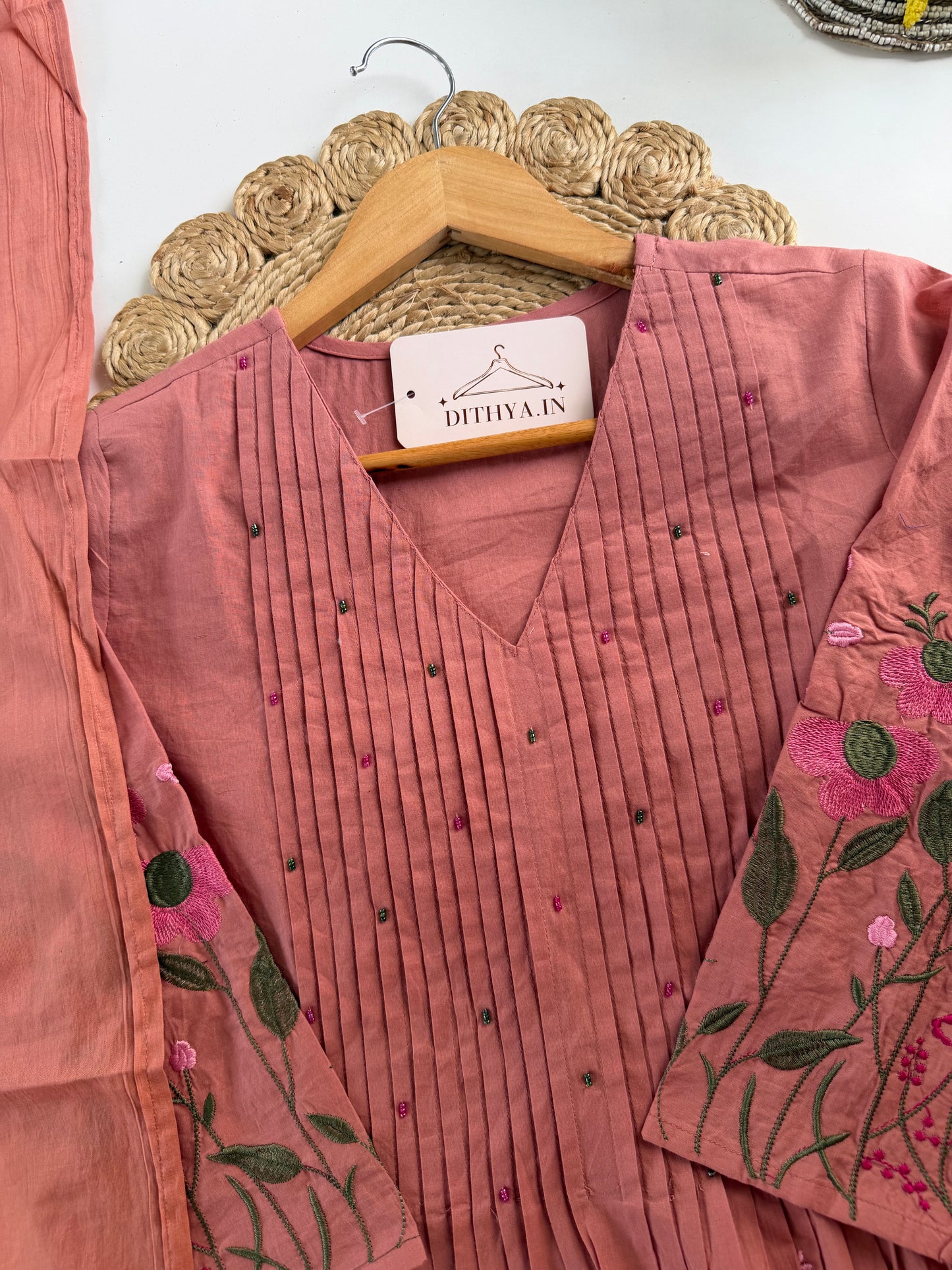 K449 - Mul cotton pintex embroidered Anarkali with pants and dupatta