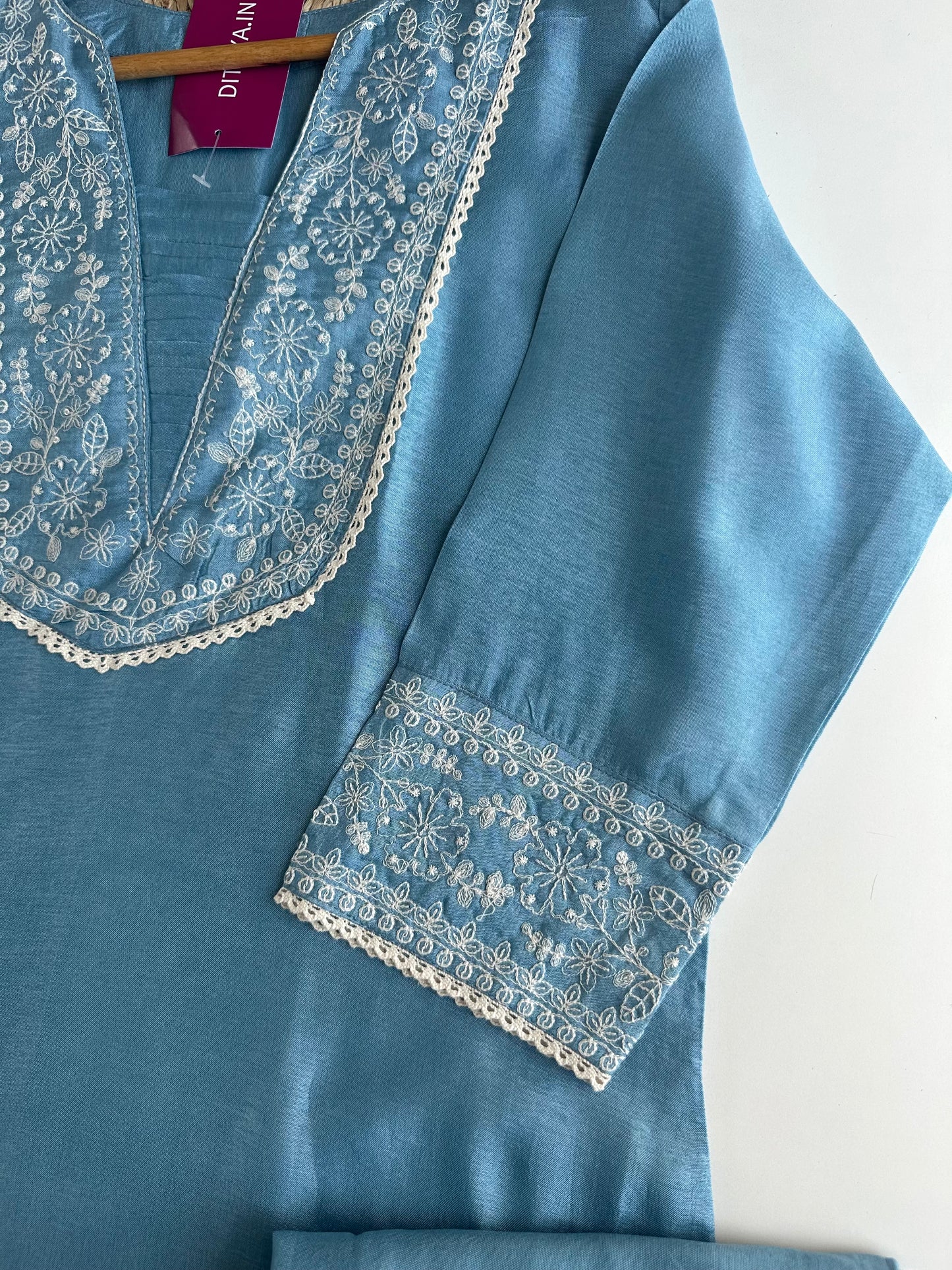 K028 - Russian silk embroidered straight Kurti with pants and dupatta