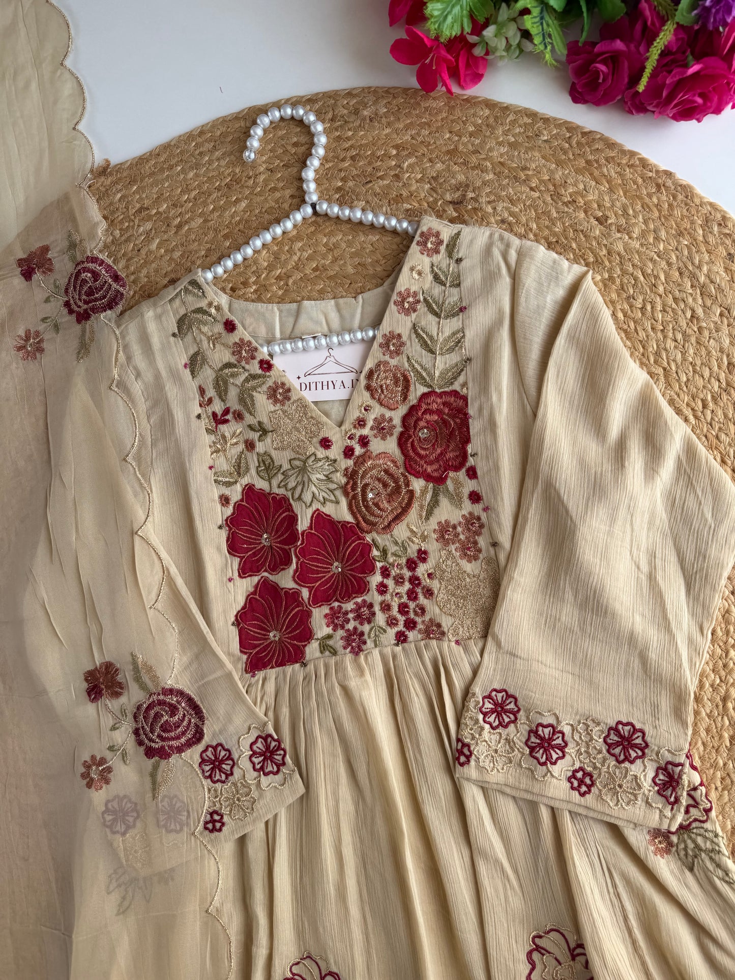 K445 - Crushed cotton embroidered Anarkali with pants and dupatta