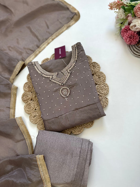 K128 - Tissue silk handwork Straight kurti with pants and dupatta .