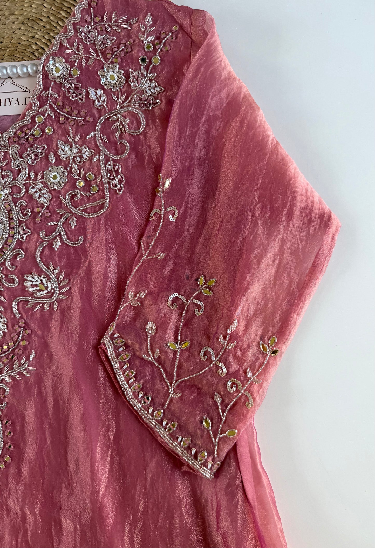 K599 -Glass tissue silk handwork aline Kurti with pants and dupatta