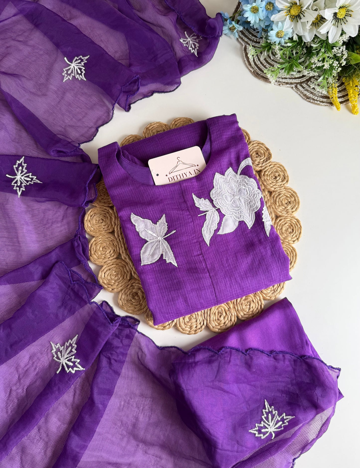 K582 - Kota doriya appliqué work Aline Kurti with pants and dupatta