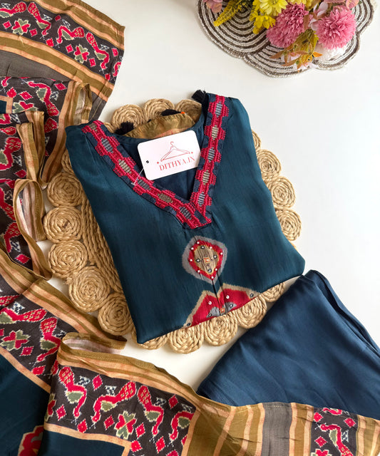 K044 - Pure crape handwork ajrakh straight Kurti with pants and dupatta