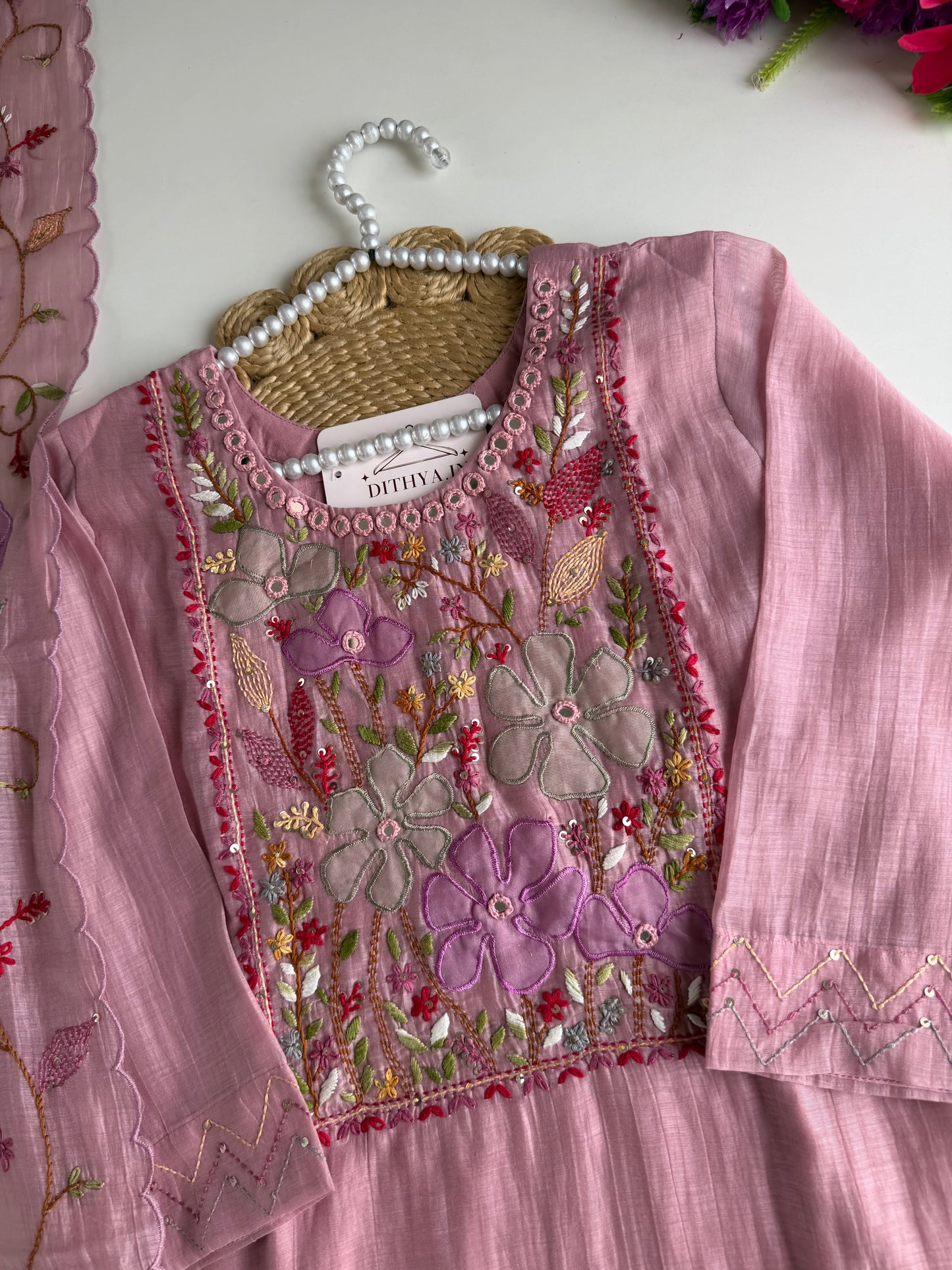 K427 - Mul chanderi embroidered straight Kurti with pants and dupatta