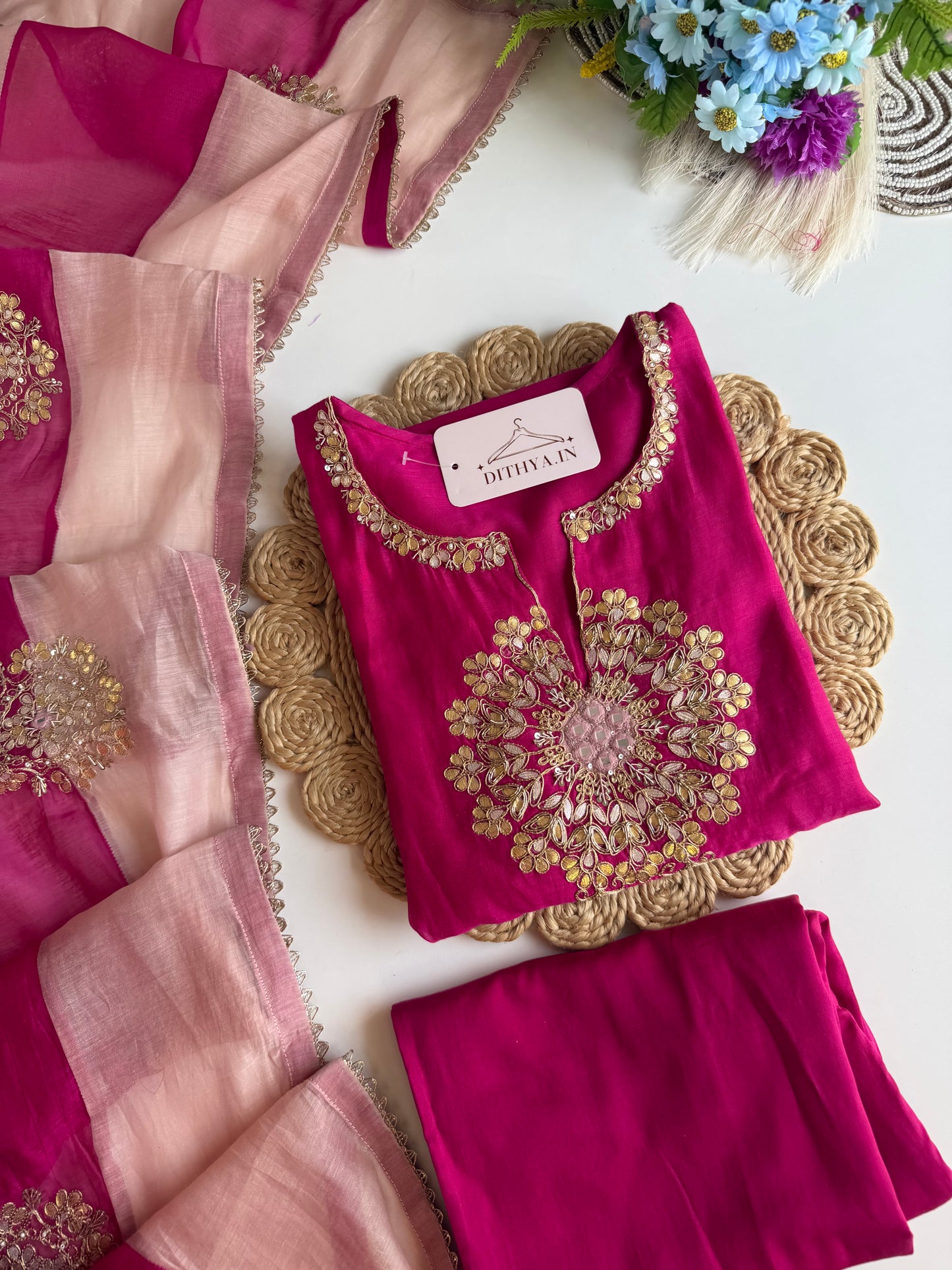 K584 - Mul chanderi gota work straight Kurti with pants and dupatta